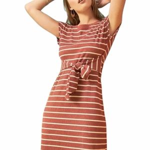 LOFT Tie Waist Ribbed Midi Dress S Red Stripe